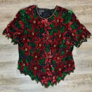 Laurence Kazar Poinsettia Sequin Floral Formal Christmas Blouse